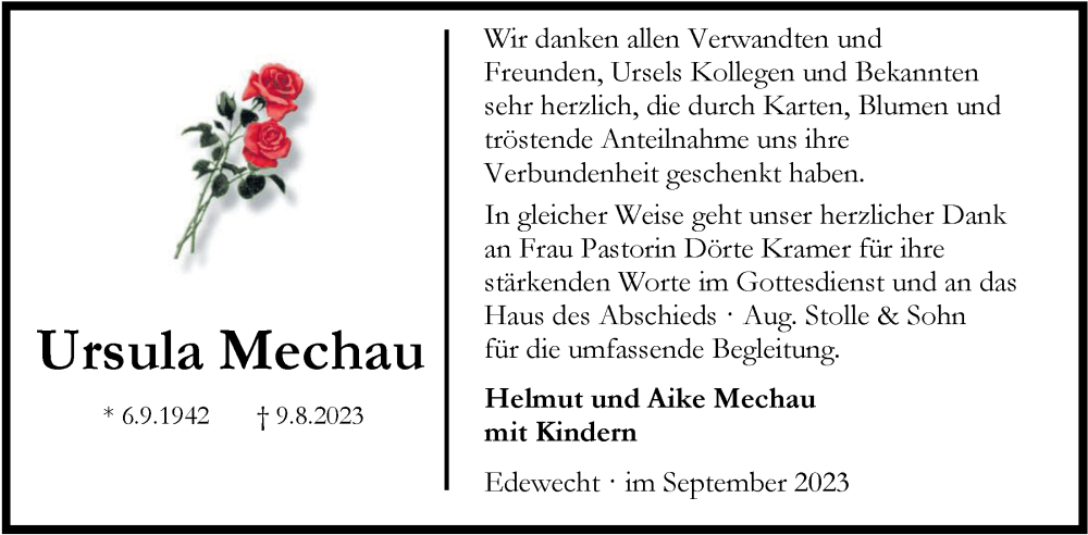  Traueranzeige für Ursula Mechau vom 09.09.2023 aus Nordwest-Zeitung