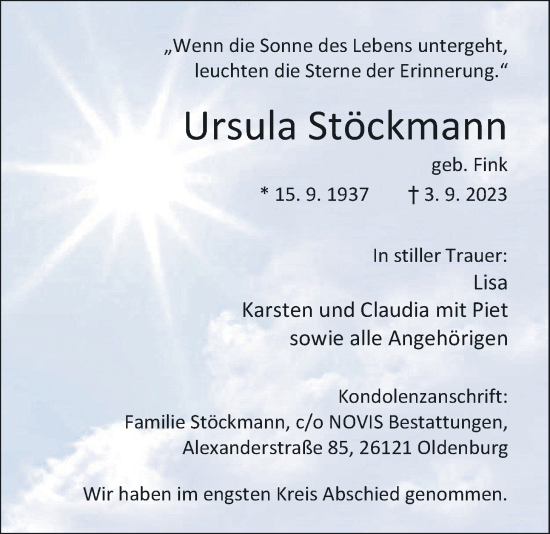 Traueranzeige von Ursula Stöckmann von Nordwest-Zeitung