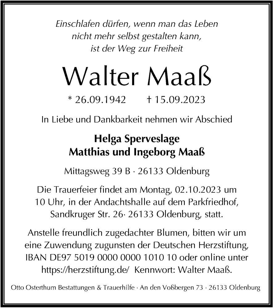  Traueranzeige für Walter Maass vom 23.09.2023 aus Nordwest-Zeitung