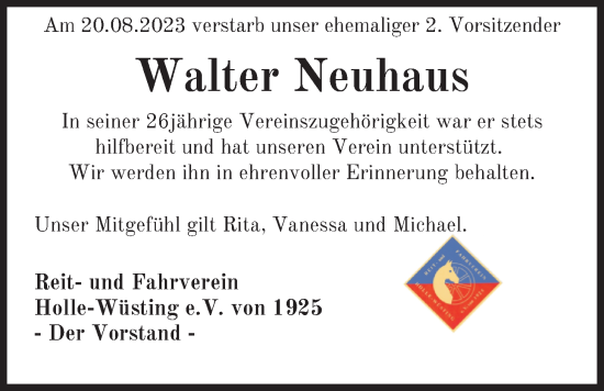 Traueranzeige von Walter Neuhaus von Nordwest-Zeitung