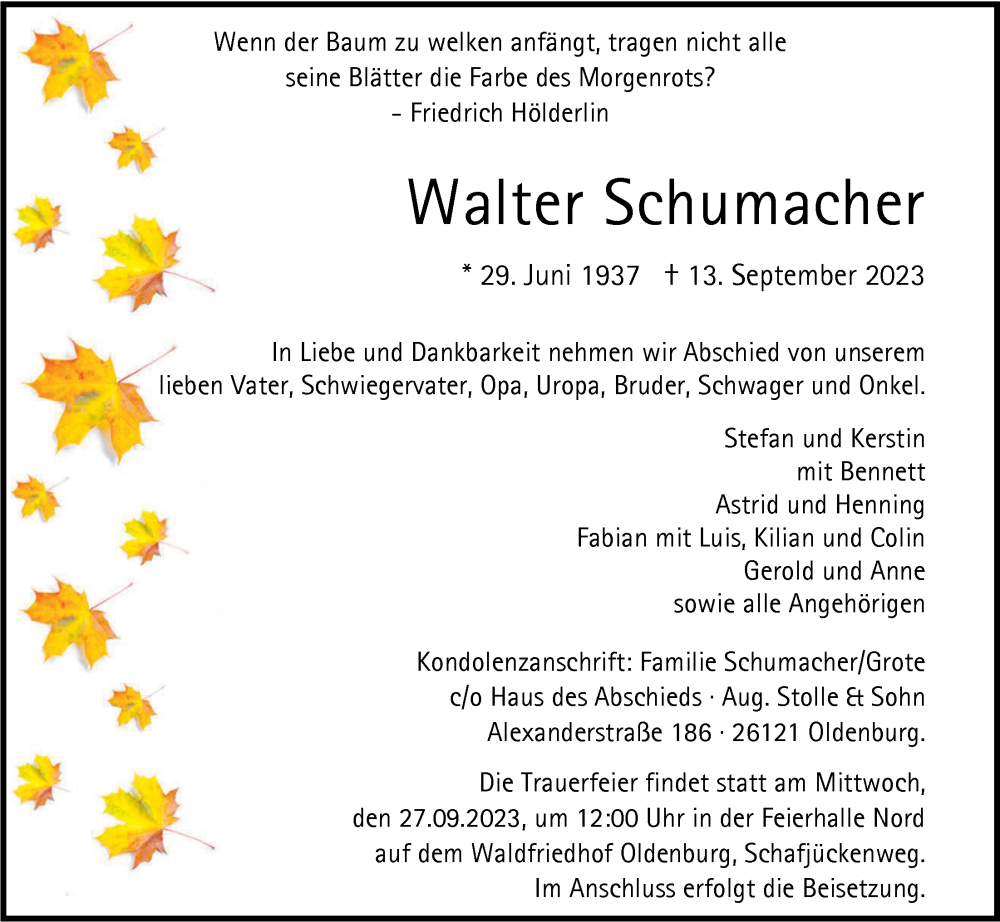  Traueranzeige für Walter Schumacher vom 23.09.2023 aus Nordwest-Zeitung