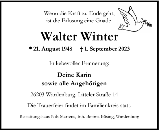 Traueranzeige von Walter Winter von Nordwest-Zeitung