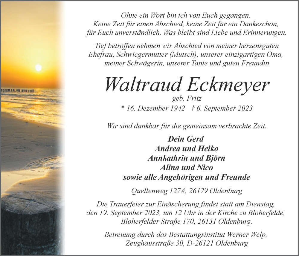  Traueranzeige für Waltraud Eckmeyer vom 12.09.2023 aus Nordwest-Zeitung