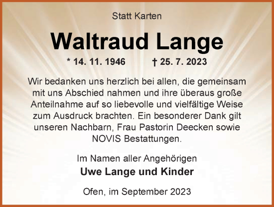 Traueranzeige von Waltraud Lange von Nordwest-Zeitung