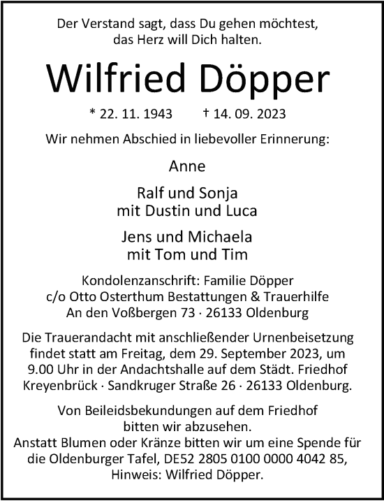 Traueranzeige von Wilfried Döpper von Nordwest-Zeitung