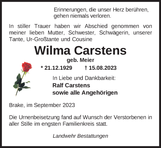 Traueranzeige von Wilma Carstens von Nordwest-Zeitung