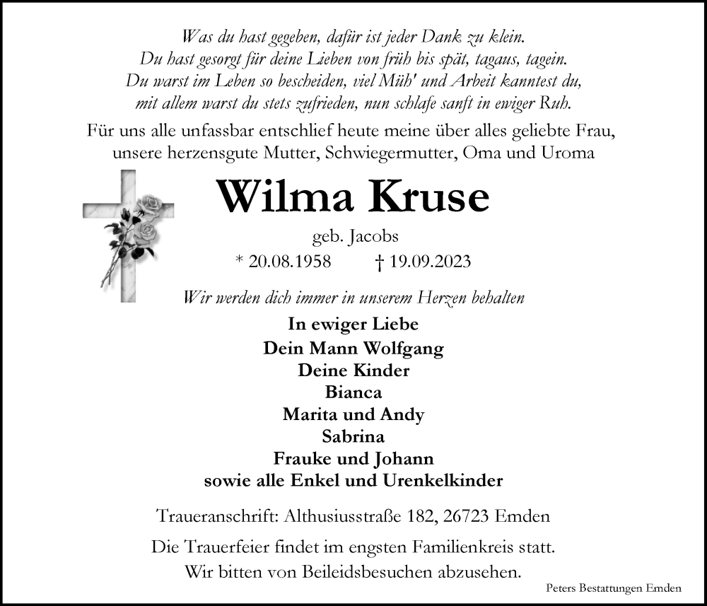 Traueranzeige für Wilma Kruse vom 23.09.2023 aus Emder Zeitung