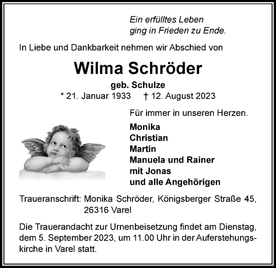 Traueranzeige von Wilma Schröder von Nordwest-Zeitung