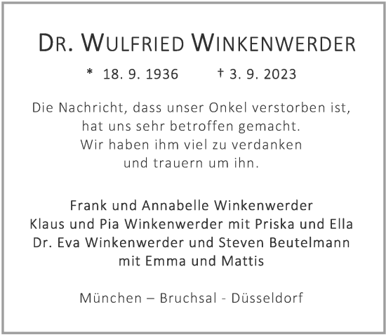 Traueranzeige von Wulfried Winkenwerder von Nordwest-Zeitung