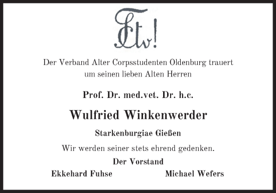 Traueranzeige von Wulfried Winkenwerder von Nordwest-Zeitung