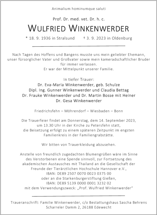 Traueranzeige von Wulfried Winkenwerder von Nordwest-Zeitung