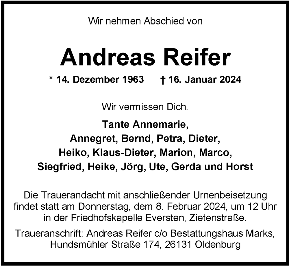  Traueranzeige für Andreas Reifer vom 20.01.2024 aus Nordwest-Zeitung