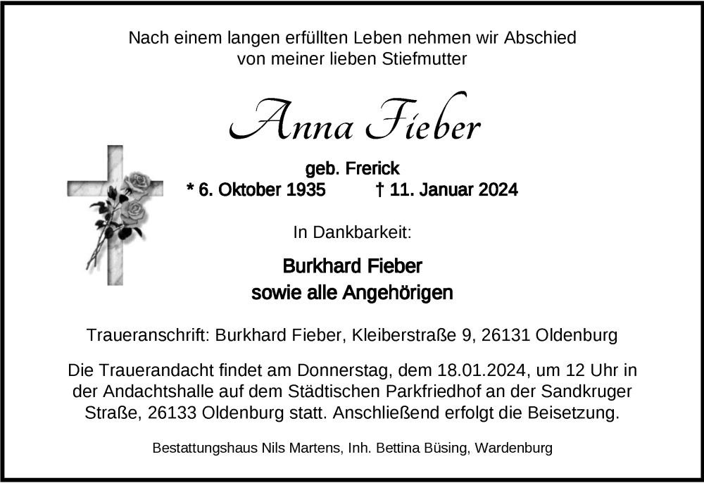  Traueranzeige für Anna Fieber vom 16.01.2024 aus Nordwest-Zeitung