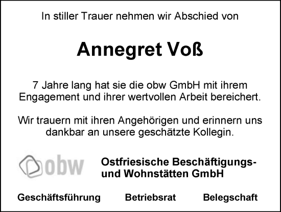 Traueranzeige von Annegret Voß von Nordwest-Zeitung