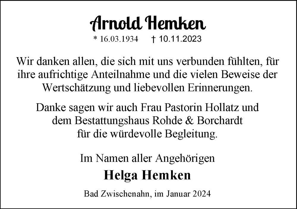  Traueranzeige für Arnold Hemken vom 06.01.2024 aus Nordwest-Zeitung
