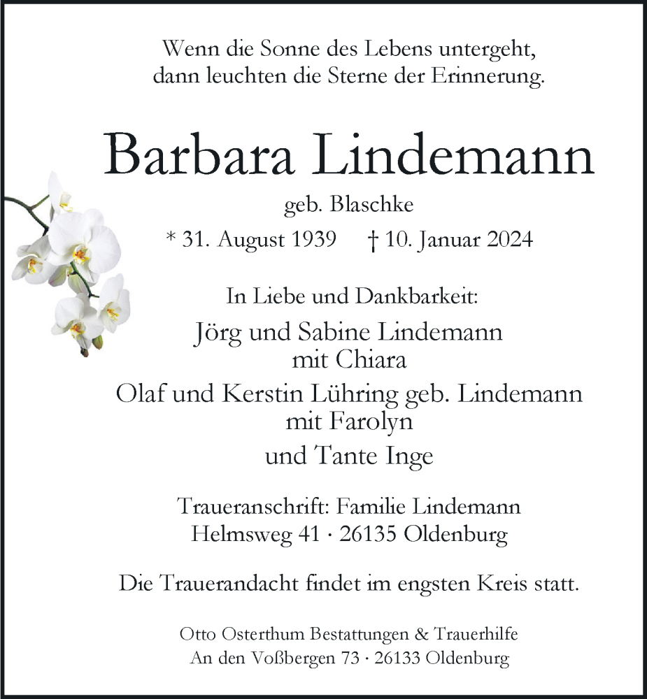  Traueranzeige für Barbara Lindemann vom 20.01.2024 aus Nordwest-Zeitung