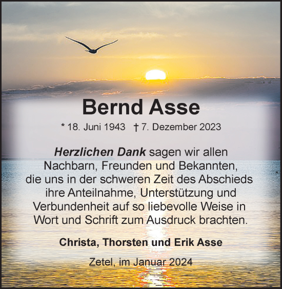 Traueranzeige von Bernd Asse von Nordwest-Zeitung