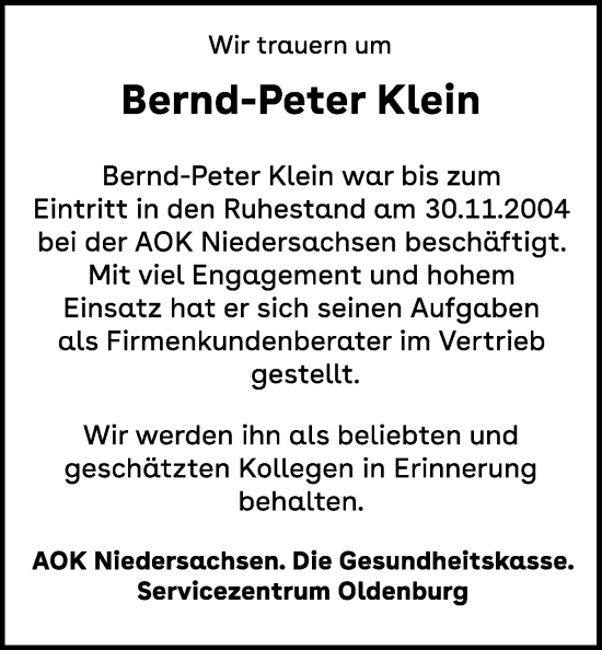 Traueranzeige von Bernd-Peter Klein von Nordwest-Zeitung