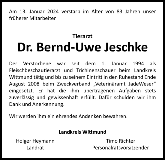 Traueranzeige von Bernd-Uwe Jeschke von WZ/JW/AH