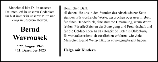 Traueranzeige von Bernd Wavrousek von Nordwest-Zeitung