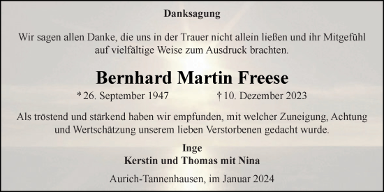 Traueranzeige von Bernhard Martin Freese von Nordwest-Zeitung