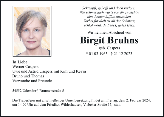 Traueranzeige von Birgit Bruhns von Nordwest-Zeitung
