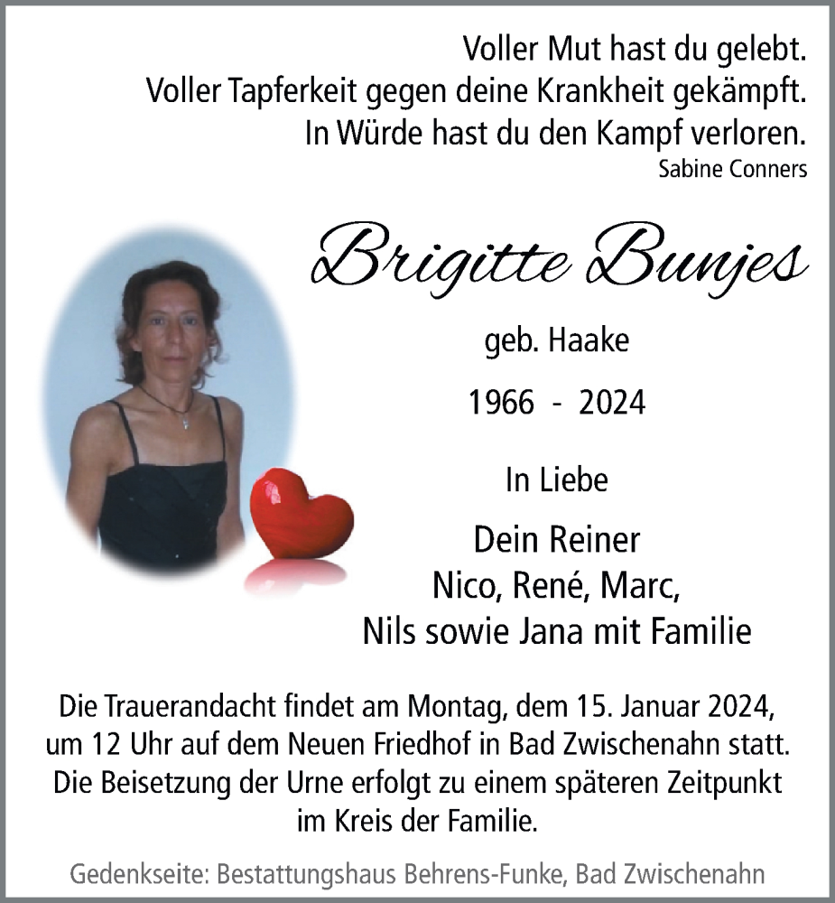  Traueranzeige für Brigitte Bunjes vom 10.01.2024 aus Nordwest-Zeitung