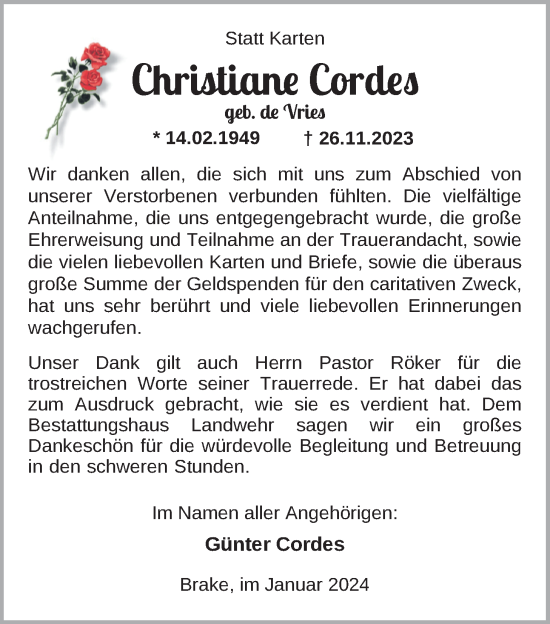 Traueranzeige von Christiane Cordes von Nordwest-Zeitung