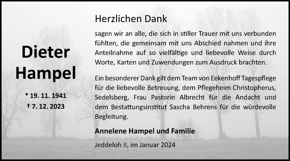  Traueranzeige für Dieter Hampel vom 06.01.2024 aus Nordwest-Zeitung