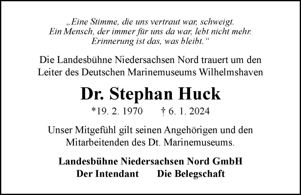  Traueranzeige für Dr. Stephan Huck vom 11.01.2024 aus WZ/JW/AH