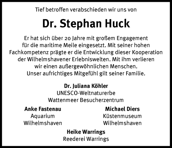 Traueranzeige von Dr. Stephan Huck von WZ/JW/AH