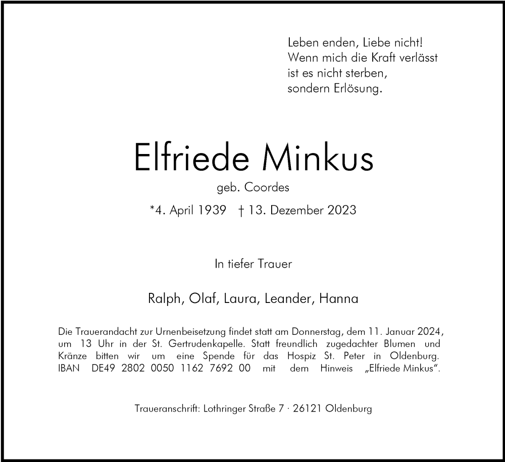  Traueranzeige für Elfriede Minkus vom 06.01.2024 aus Nordwest-Zeitung