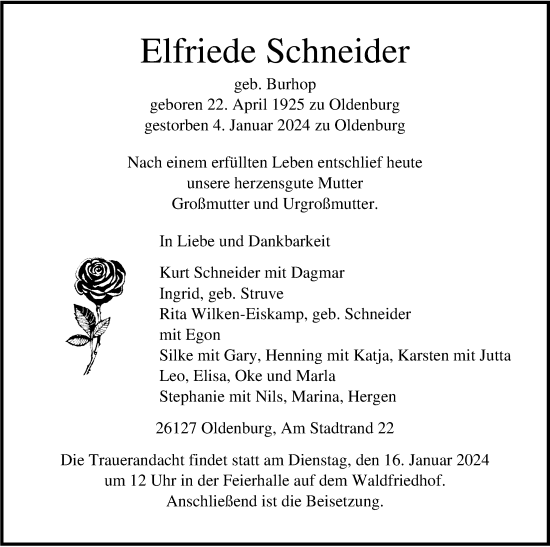 Traueranzeige von Elfriede Schneider von Nordwest-Zeitung