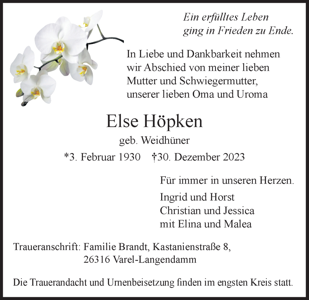  Traueranzeige für Else Höpken vom 10.01.2024 aus Nordwest-Zeitung