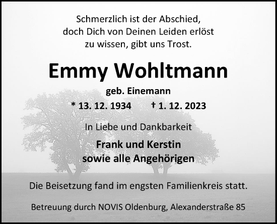 Traueranzeige von Emmy Wohltmann von Nordwest-Zeitung