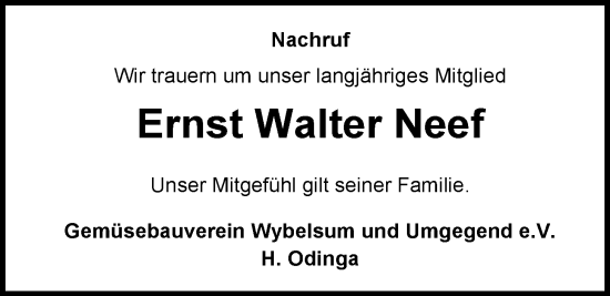 Traueranzeige von Ernst-Walter Neef von Nordwest-Zeitung