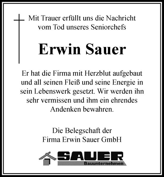 Traueranzeige von Erwin Sauer von Nordwest-Zeitung