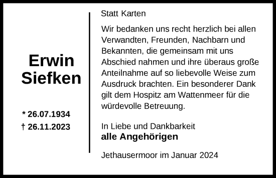 Traueranzeige von Erwin Siefken von Nordwest-Zeitung