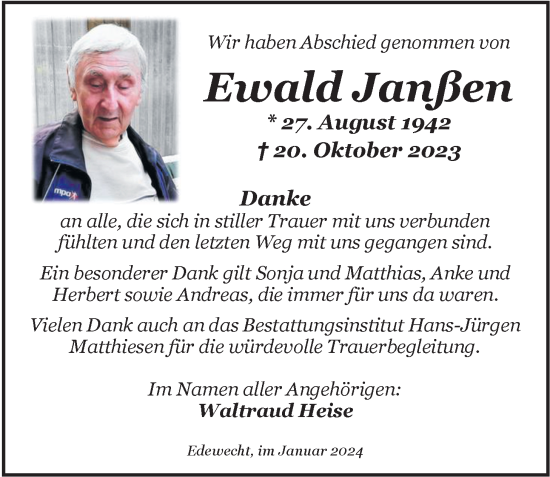 Traueranzeige von Ewald Janßen von Nordwest-Zeitung