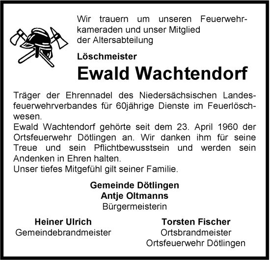 Traueranzeige von Ewald Wachtendorf von Nordwest-Zeitung