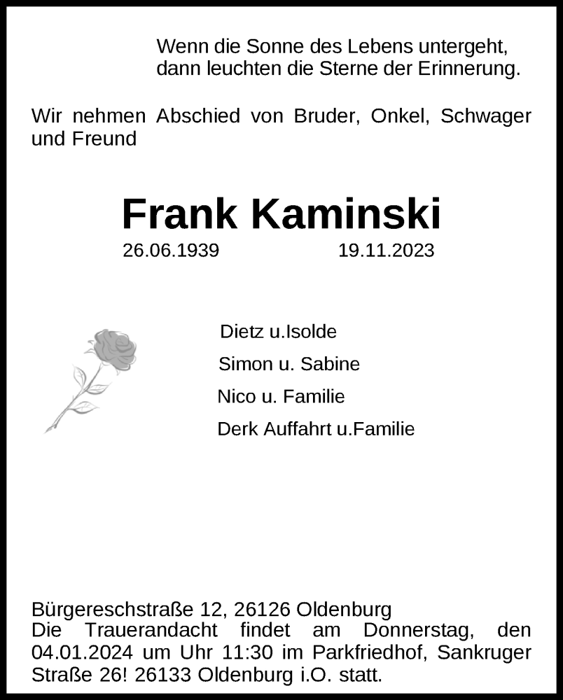  Traueranzeige für Frank Kaminski vom 02.01.2024 aus Nordwest-Zeitung