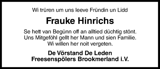 Traueranzeige von Frauke Hinrichs von Nordwest-Zeitung