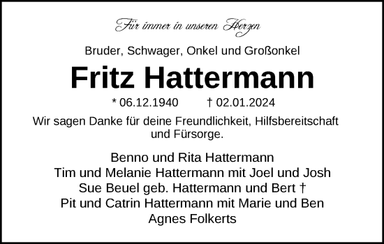 Traueranzeige von Fritz Hattermann von Nordwest-Zeitung