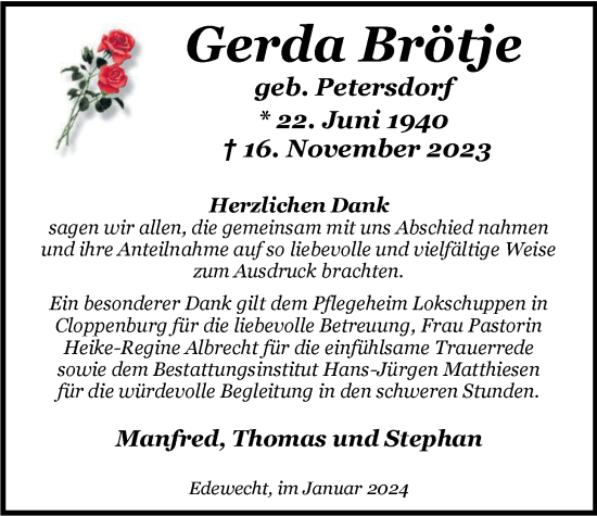 Traueranzeige von Gerda Brötje von Nordwest-Zeitung
