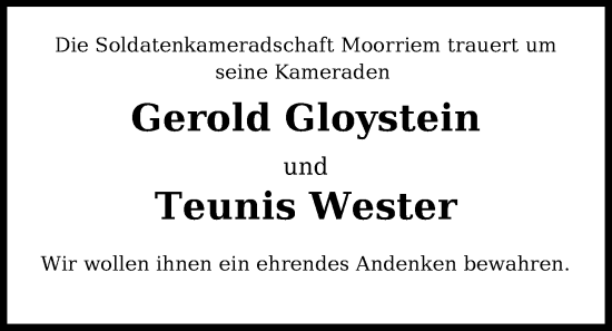 Traueranzeige von Gerold Gloystein von Nordwest-Zeitung