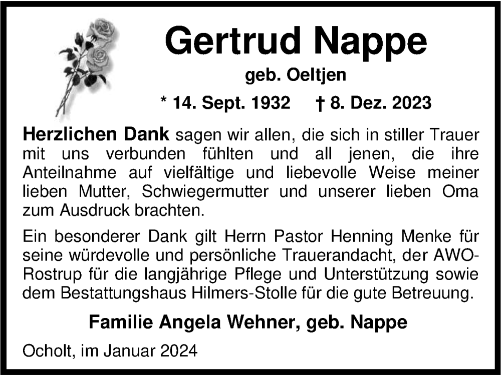  Traueranzeige für Gertrud Nappe vom 26.01.2024 aus Nordwest-Zeitung