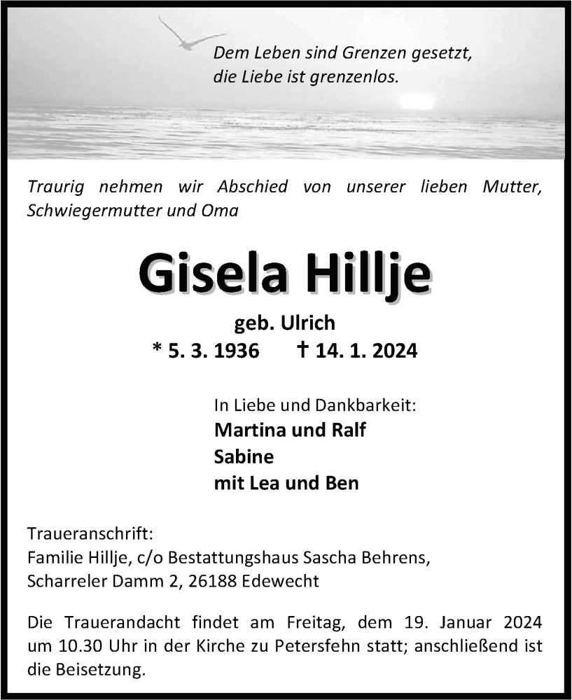  Traueranzeige für Gisela Hillje vom 17.01.2024 aus Nordwest-Zeitung