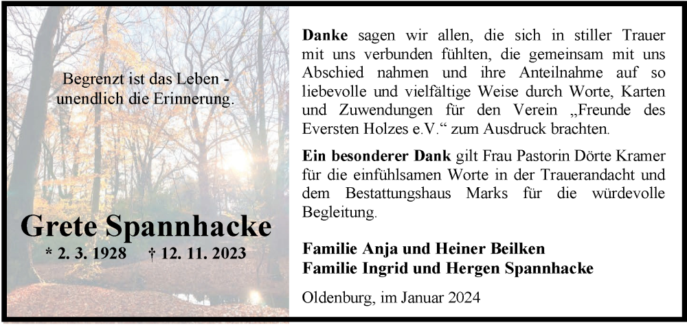  Traueranzeige für Grete Spannhacke vom 06.01.2024 aus Nordwest-Zeitung