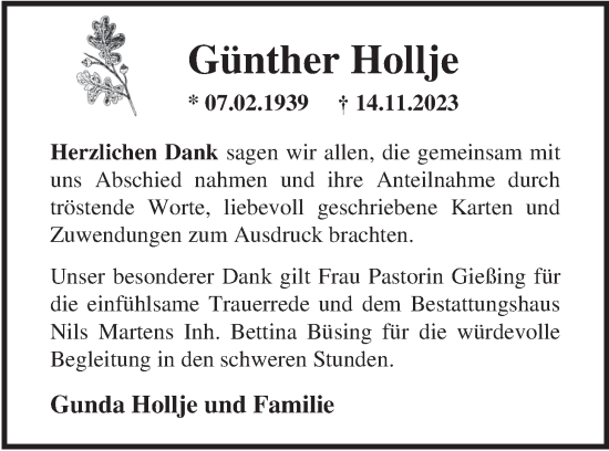 Traueranzeige von Günther Hollje von Nordwest-Zeitung