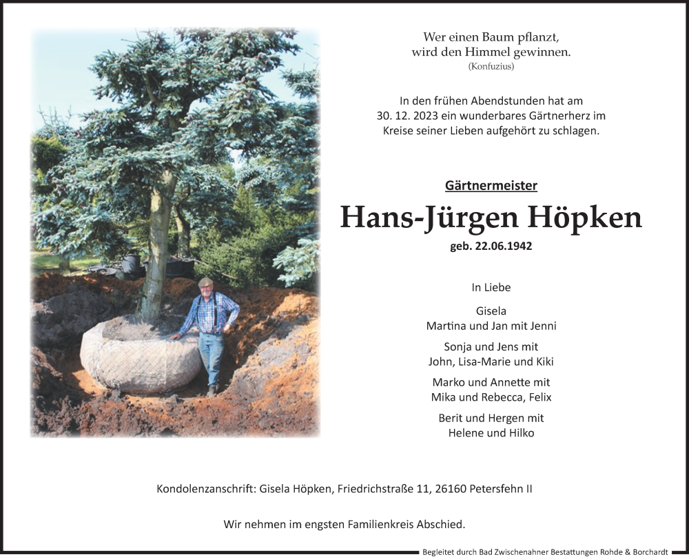  Traueranzeige für Hans-Jürgen Höpken vom 06.01.2024 aus Nordwest-Zeitung